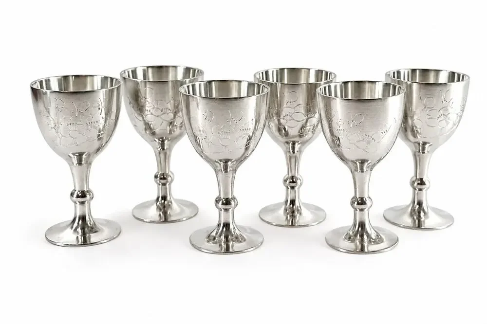Set of 6 Vintage Stainless Steel Goblets Etched Floral Wine Cups 3” Barware